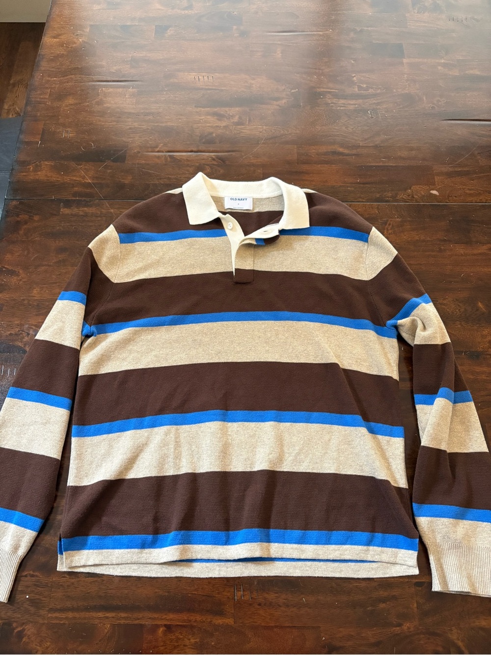 Old Navy | Striped Long-Sleeve Rugby Polo in Brown Tan and Blue - Size M